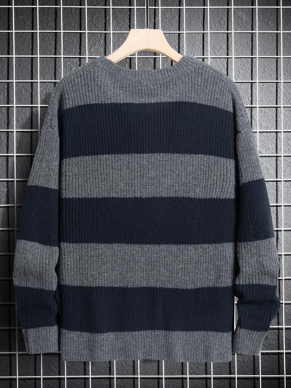 Men's Striped Print Round Neck Sweater, Fall Outfits 2024, Regular Fit Streetwear Long Sleeve Jumper for Fall & Winter, Fall Clothes, Men's Knit Pullover for Daily Wear, 90s Clothes, Going Out Outfit Knitted Sweater