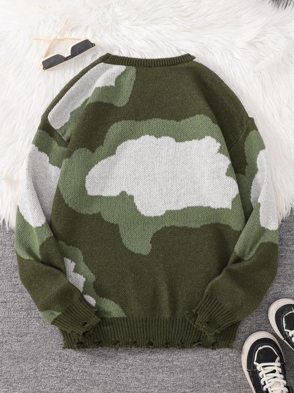 Men's Clouds Print Ripped Drop Shoulder Sweater, Casual Regular Fit Long Sleeve Round Neck Jumper for Fall & Winter, Fashion Men's Knitwear for Daily Wear