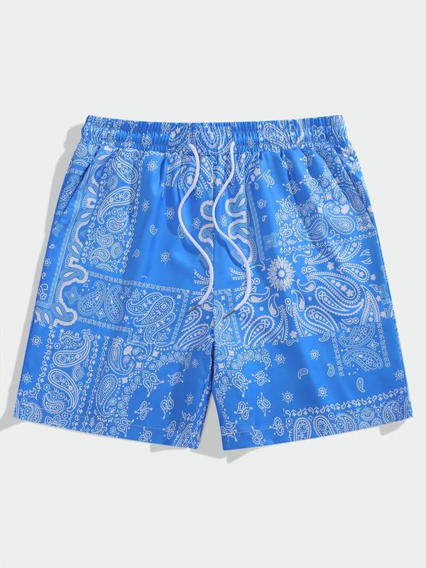 Men's Random Print Drawstring Shorts, Regular Fit Boho Casual Pocket Elastic Waist Straight Leg Shorts for Summer, Shorts for Men, Men's Bottoms for Beach Vacation