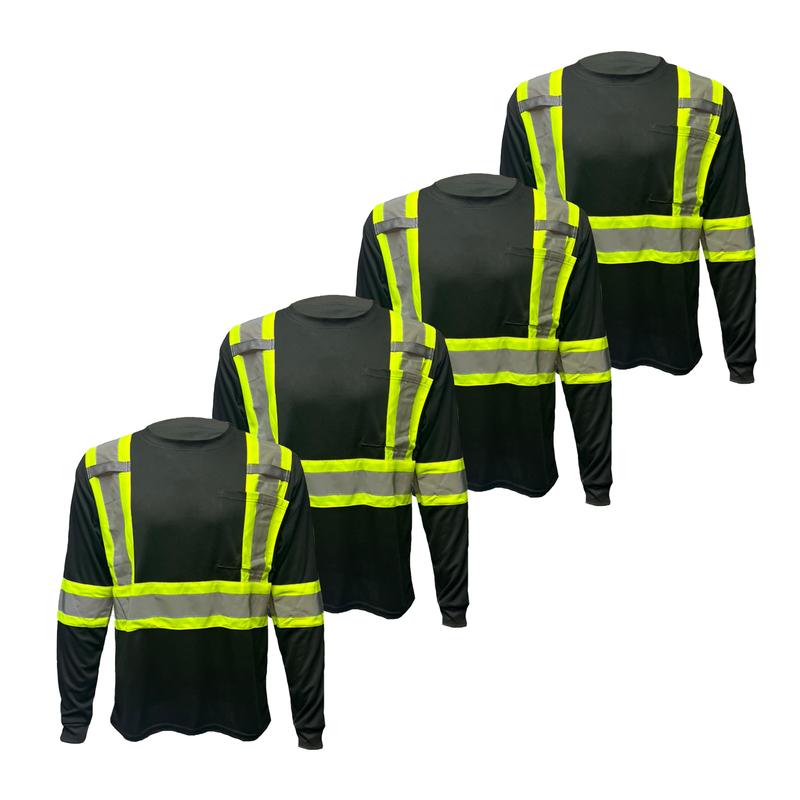 4 PACK -  Black Hi Visibility Reflective Safety Shirt with Mic Tab Holder and Left Hand Pocket In Short and or Long Sleeve