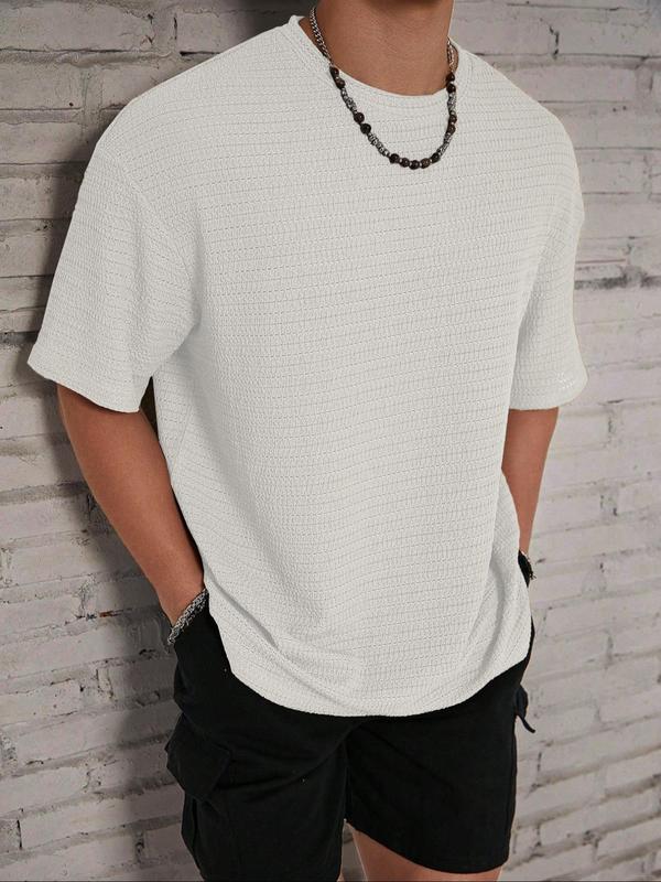 Men's Solid Color Hollow Out Drop Shoulder Shortsleeve Jacquard Tee, Simple Regular Fit Casual Soft Short Sleeve Round Neck T-Shirt for Summer, Men's Knitting Top for Daily Wear, Menswear Tshirt 90S Clothes