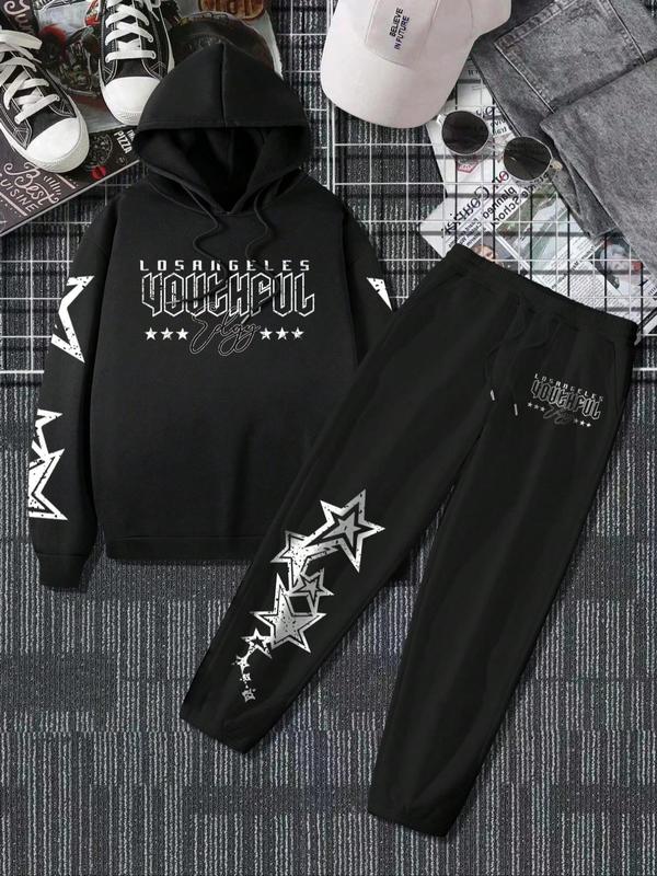 Two-piece Set Men's Letter & Star Print Drawstring Hoodie & Pocket Sweatpants, Regular Fit Casual Fashion Cozy Breathable Outfits for Daily Wear, Men's Clothes for Fall & Winter, Starboy Outfits