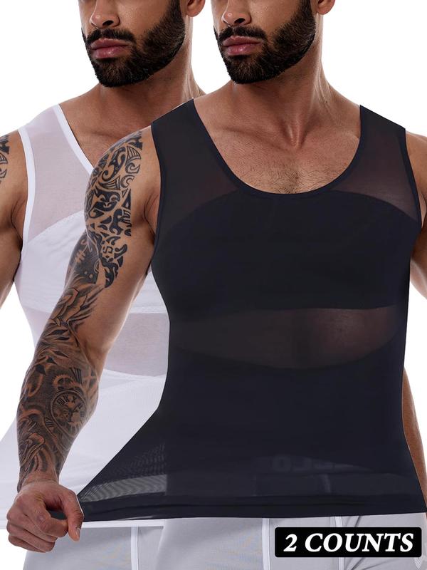 Men's Solid Sheer Shapewear Tank Top, Breathable Comfortable High Stretch Shaper, Tummy Control Shapewear for Daily Wear