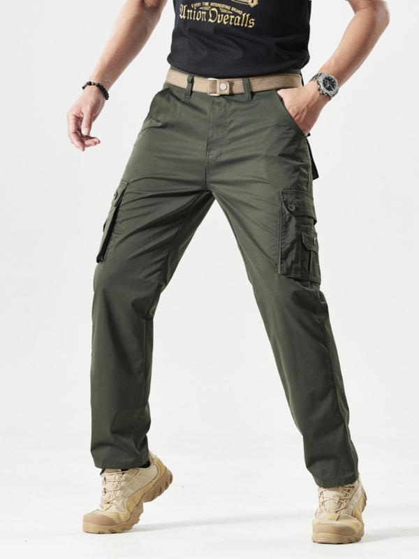 Men's Solid Color Patched Zipper Fly Cargo Pants, Regular Fit Casual Button Multi-pocket Straight Leg Trousers for Wear, Fashion Men's Bottoms for All Seasons, Pants for Men, Fall Outfits, Fallfreshness