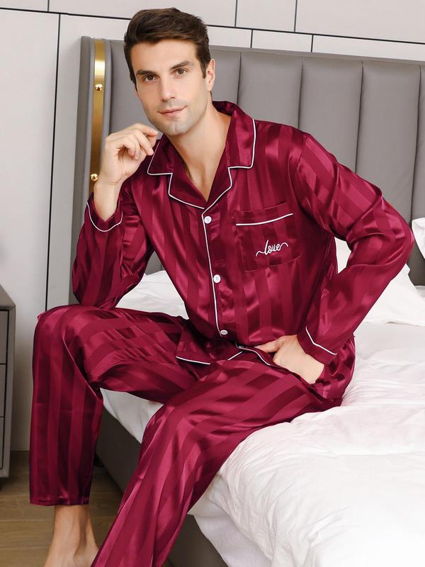 Two Counts Men's Christmas Letter Print Striped Satin Pyjama Set, Long Sleeve Lapel Collar Button Front Shirt & Pants Pj Set, 2 Pieces Silk Men's Sleepwear & Loungewear, Gift Sets for Boyfriend, Lounge Set