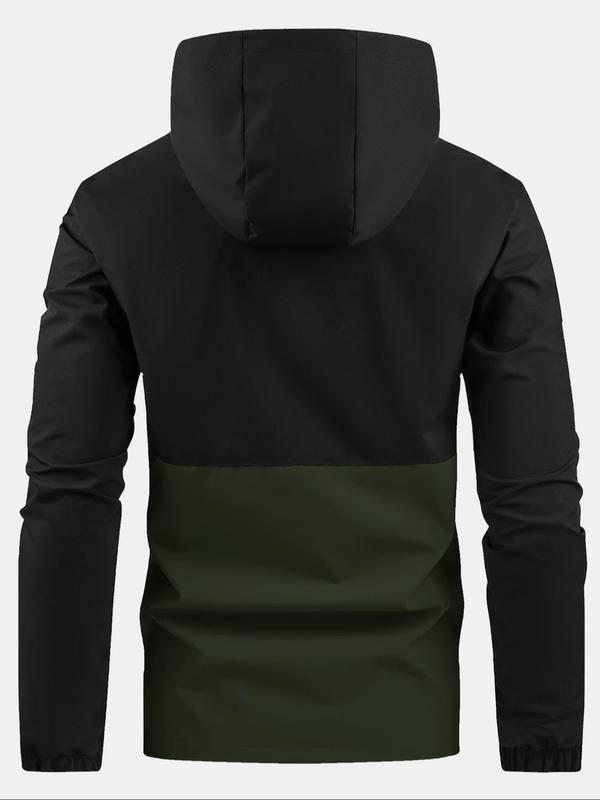 Men's Colorblock Zip Up Drawstring Hooded Designer Jacket Coats, Casual Regular Fit Long Sleeve Zipper Outerwear, Men's Fall Clothing, Back To School Running Clothes, Plz Order A Size Up