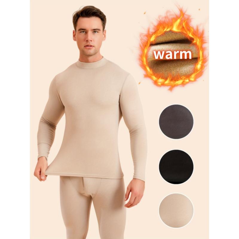 Men's Thermal Underwear Set, Long Sleeve Turtleneck, Warm Fleece-Like, Stretchy Polyester Blend, Solid Color, Tight Fit, for Home, Sports, Cycling, All Seasons