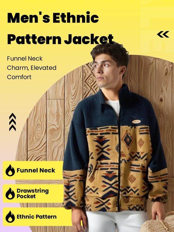 Men's Ethnic Pattern Zip Up Funnel Neck Jacket, Regular Fit Casual Long Sleeve Drawstring Pocket Outerwear for Fall & Winter, Men's Clothes for Daily Wear, Designer Clothing for Men, Jackets for Men Winter Jacket