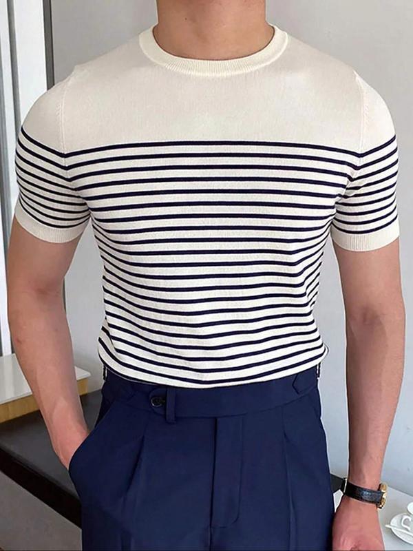 Summer Clothes Men's Striped Print Round Neck Knit Top, Slim Casual Short Sleeve Crew Neck Knitwear for Spring & Summer, Streetwear, Fashion Men's Knit Clothing for Daily Wear, Summer Outfits 2024, Men's Tops