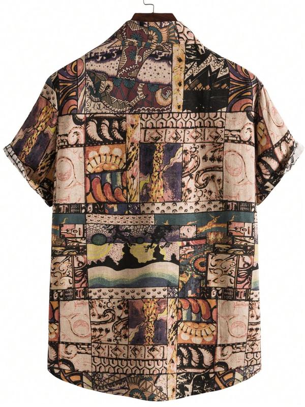 Men's Regular Fit All Over Patchwork Printed Button Front Shirt, Casual Vintage Short Sleeve Collar Shirt for Summer, Fashion Men's Top for Daily Wear