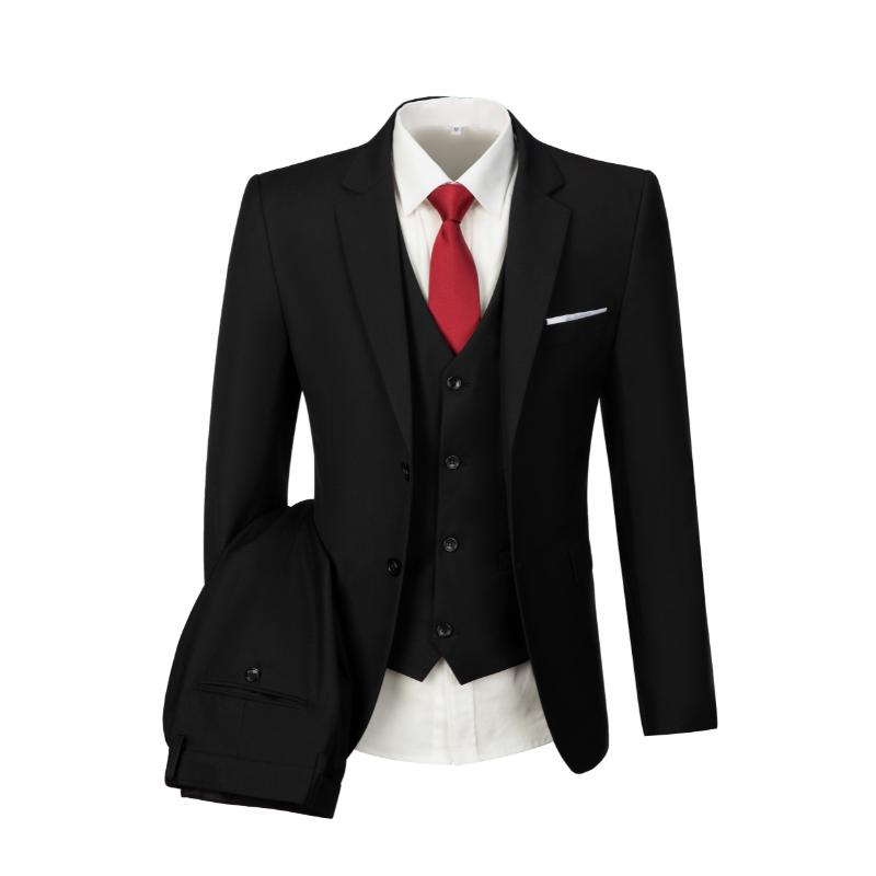 3pcs Set Of Men's Solid Notch Lapel Dress Suit Set, Single Breasted Blazer, Dress Vest And Formal Pants Collar Menswear