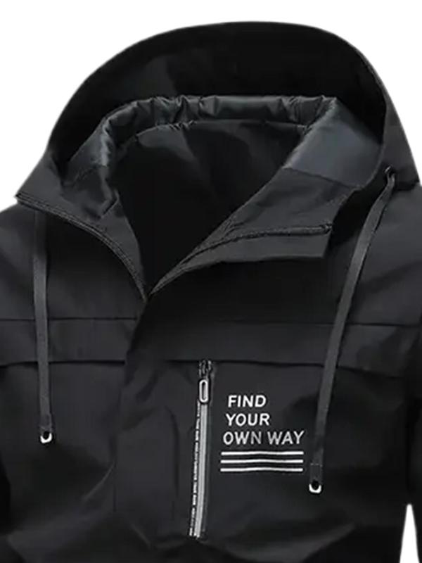 Men's Letter Print Patched Drawstring Zip Up Hooded Jacket, Casual Loose Waterproof Windproof Long Sleeve Outerwear for Spring & Fall, Fashion Men's Clothes for Daily Wear