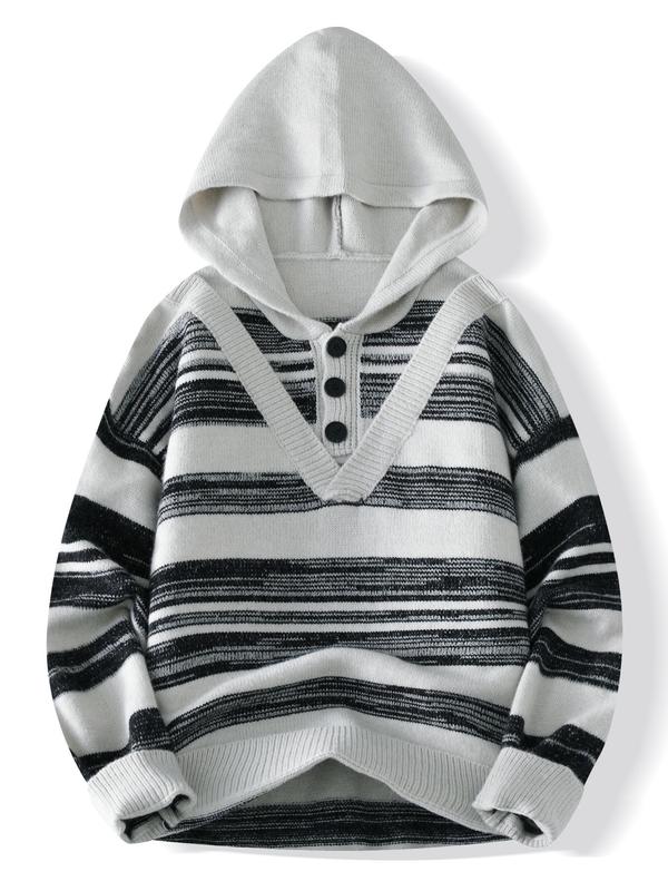 Men's Striped Print Button Front Hooded Sweater with Fake V Neck Design, Regular Fit Casual Long Sleeve Jumper for Fall & Winter, Men's Knitwear for Daily Wear