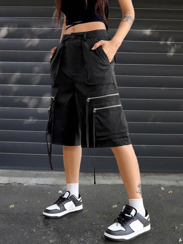 Unisex's Plain Zipper Button Pocket Cargo Shorts, Street Casual Wide Leg Shorts for Daily Outdoor Wear, Unisex's Bottoms for Summer