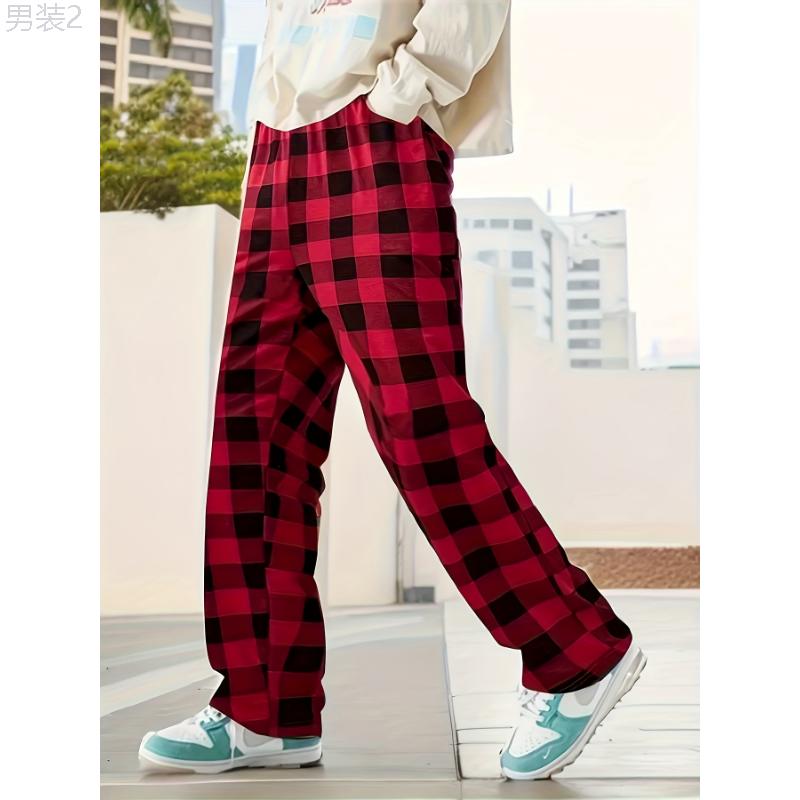 Comfy Stretchy Men's Classic Plaid Pajama Pants, Loose Fit Lounge Wear for Daily Wearing Fabric Loungewear