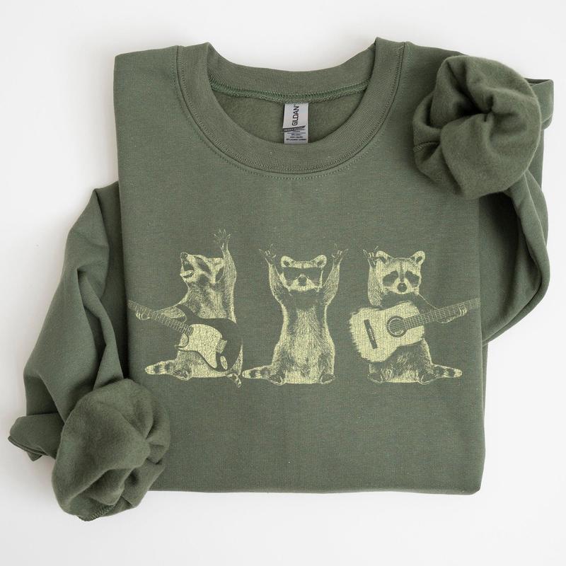 Raccoon Band, Playing Guitar, Funny Animals Sweatshirt, Crew Neck, Crewneck, Soft Unisex Graphic Casual Casual Comfort Womenswear Comfortable Graphic