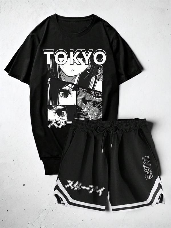 Men's Graphic Drop Shoulder Tee & Japanese Character Print Shorts Set,  Regular Fit Casual Short Sleeve T-Shirt & Asymmetrical Contrast Trim Shorts for Streetwear, Summer Clothes for Men