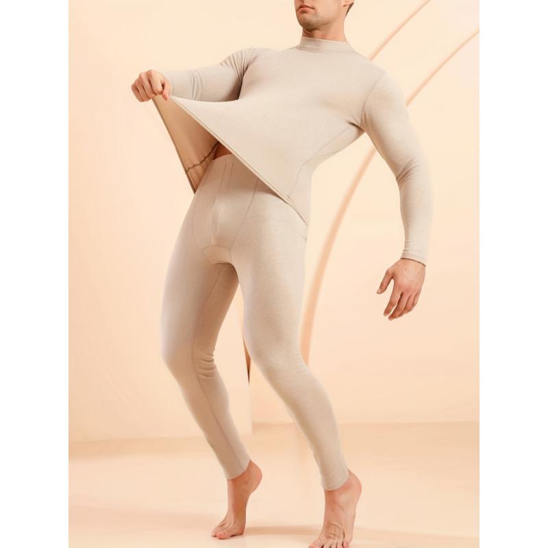 Men's Thermal Underwear Set, Long Sleeve Turtleneck, Warm Fleece-Like, Stretchy Polyester Blend, Solid Color, Tight Fit, for Home, Sports, Cycling, All Seasons