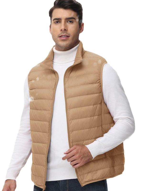 Men's Solid Zip Up Pocket Sports Down Vest Jacket, Regular Fit Casual Sleeveless Thermal Outerwear for Fall & Winter, Men's Clothes for Outdoor Activities