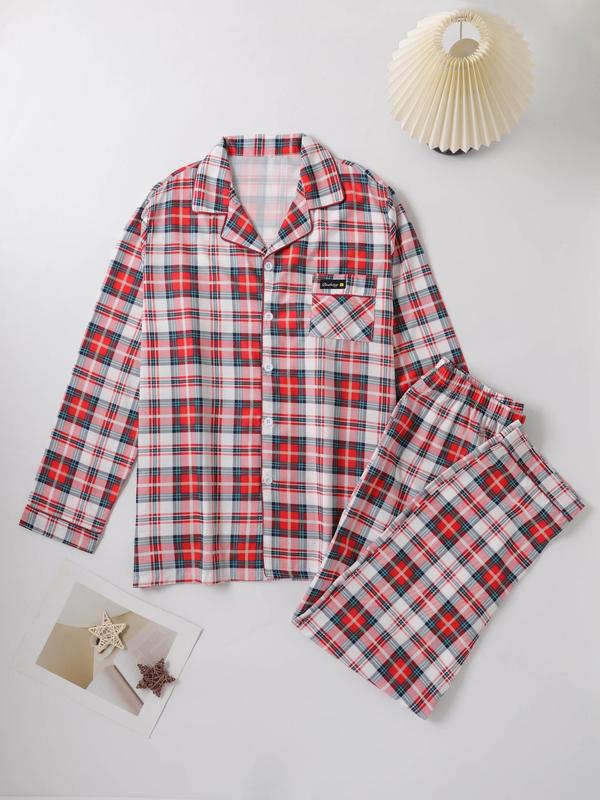 Two-Piece Set Men's Christmas Themed Plaid Print Patched Lapel Neck Pocket Shirt & Elastic Waist Pants Pyjama, Casual Comfy Short Sleeve Button Up Top & Trousers PJ Set, Men's Sleepwear for Spring & Fall