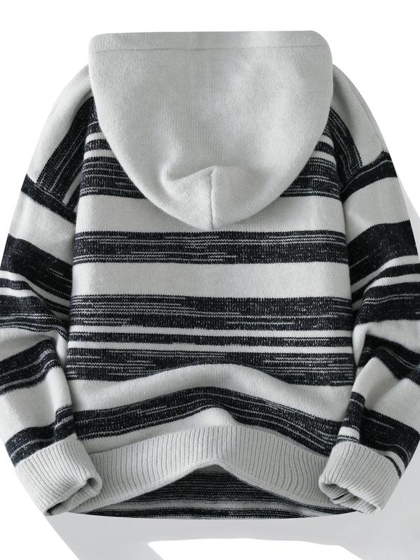 Men's Striped Print Button Front Hooded Sweater with Fake V Neck Design, Regular Fit Casual Long Sleeve Jumper for Fall & Winter, Men's Knitwear for Daily Wear