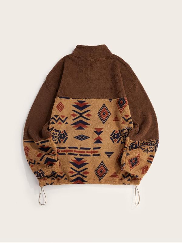 Men's Ethnic Pattern Zip Up Funnel Neck Jacket, Regular Fit Casual Long Sleeve Drawstring Pocket Outerwear for Fall & Winter, Men's Clothes for Daily Wear, Designer Clothing for Men, Jackets for Men Winter Jacket