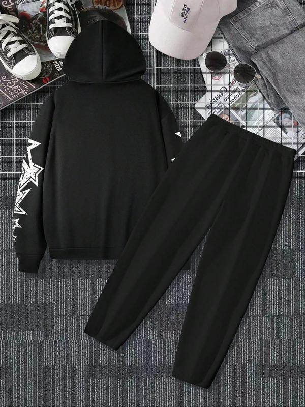 Two-piece Set Men's Letter & Star Print Drawstring Hoodie & Pocket Sweatpants, Regular Fit Casual Fashion Cozy Breathable Outfits for Daily Wear, Men's Clothes for Fall & Winter, Starboy Outfits