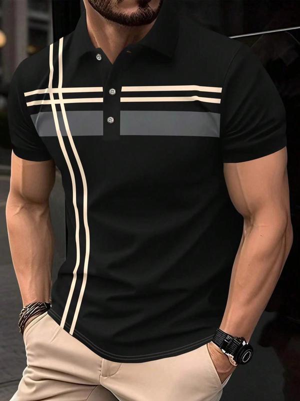 Men's Striped Print Contrast Binding Polo Shirt, Polo Shirts Men, Casual Short Sleeve Button Front Polo T Shirt for Summer, Fashion Men's Clothes for Daily Streetwear