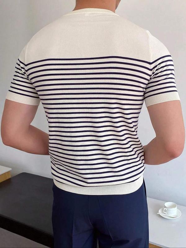 Summer Clothes Men's Striped Print Round Neck Knit Top, Slim Casual Short Sleeve Crew Neck Knitwear for Spring & Summer, Streetwear, Fashion Men's Knit Clothing for Daily Wear, Summer Outfits 2024, Men's Tops