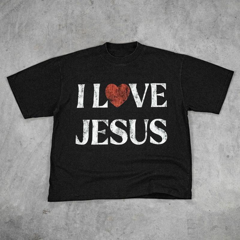 Vintage I Love Jesus Print Short Sleeve T-Shirt Menswear Top Underwear Tshirt Cotton Polyester