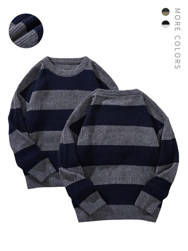 Men's Striped Print Round Neck Sweater, Fall Outfits 2024, Regular Fit Streetwear Long Sleeve Jumper for Fall & Winter, Fall Clothes, Men's Knit Pullover for Daily Wear, 90s Clothes, Going Out Outfit Knitted Sweater