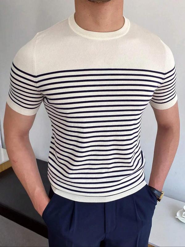 Summer Clothes Men's Striped Print Round Neck Knit Top, Slim Casual Short Sleeve Crew Neck Knitwear for Spring & Summer, Streetwear, Fashion Men's Knit Clothing for Daily Wear, Summer Outfits 2024, Men's Tops