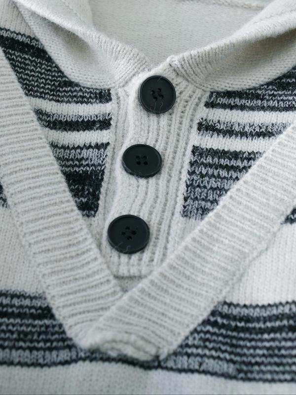 Men's Striped Print Button Front Hooded Sweater with Fake V Neck Design, Regular Fit Casual Long Sleeve Jumper for Fall & Winter, Men's Knitwear for Daily Wear