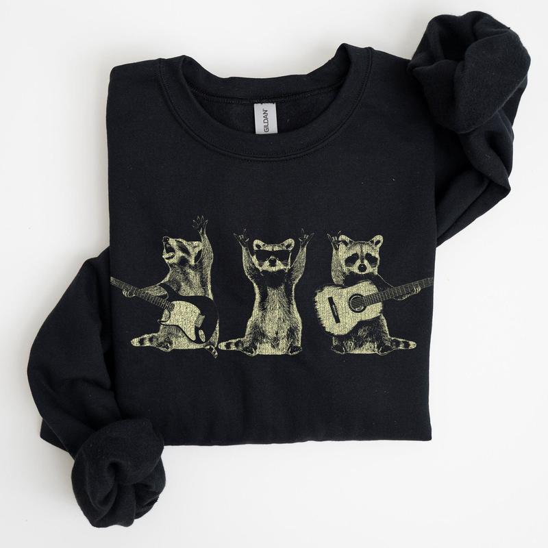 Raccoon Band, Playing Guitar, Funny Animals Sweatshirt, Crew Neck, Crewneck, Soft Unisex Graphic Casual Casual Comfort Womenswear Comfortable Graphic