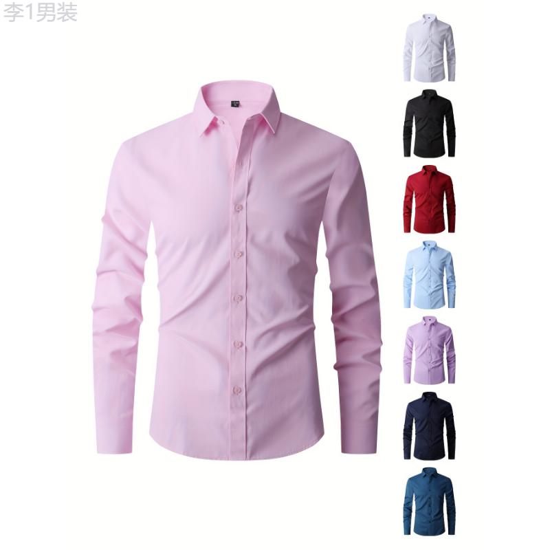 Solid Color Men's Business Slim Fit Long Sleeve Button Up Shirt, Spring Fall Formal Wear, Gift For Men Collar Menswear