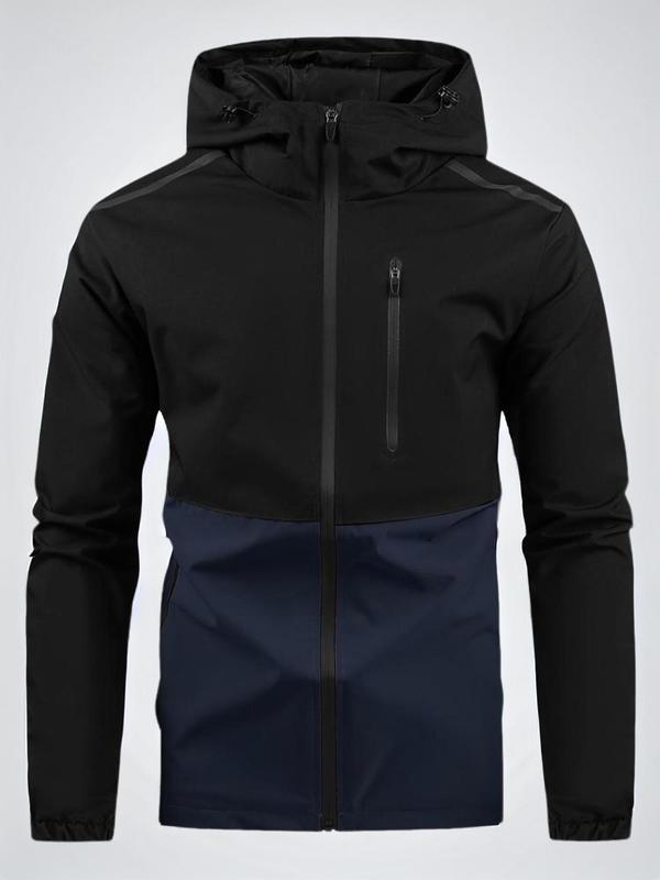 Men's Colorblock Zip Up Drawstring Hooded Designer Jacket Coats, Casual Regular Fit Long Sleeve Zipper Outerwear, Men's Fall Clothing, Back To School Running Clothes, Plz Order A Size Up