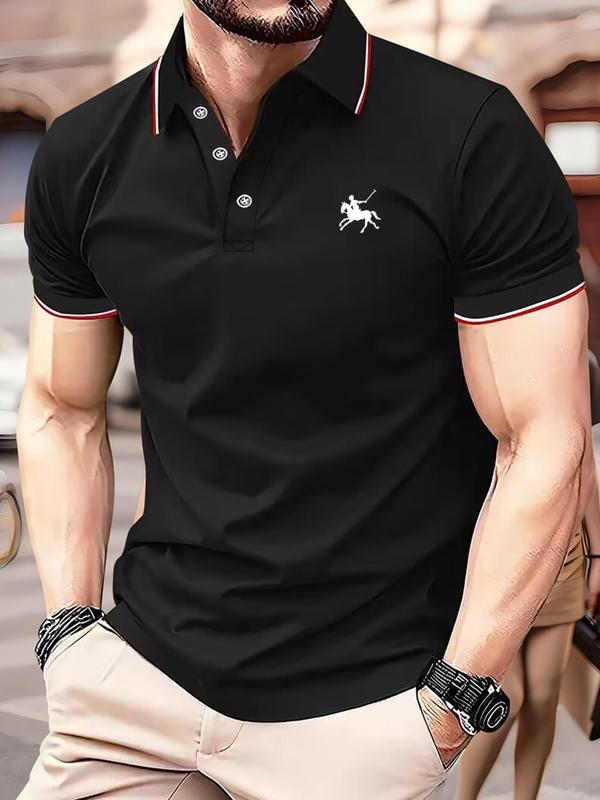 Men's Figure & Animal Print Contrast Binding Polo Shirt, Casual Regular Fit Short Sleeve Button Front Top for Summer, Fashion Men's Clothes for Daily Wear