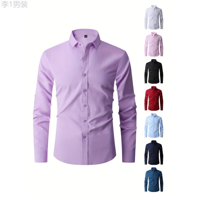 Solid Color Men's Business Slim Fit Long Sleeve Button Up Shirt, Spring Fall Formal Wear, Gift For Men Collar Menswear