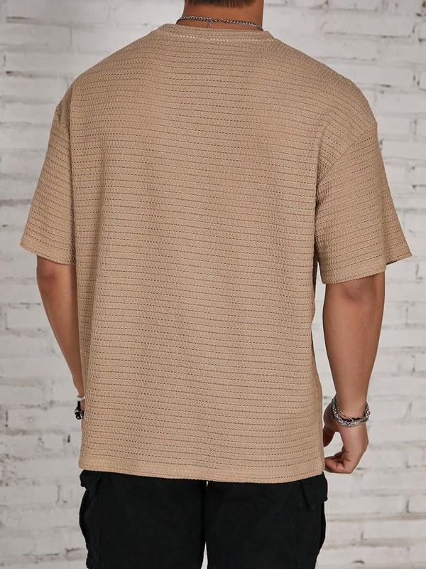 Men's Solid Color Hollow Out Drop Shoulder Shortsleeve Jacquard Tee, Simple Regular Fit Casual Soft Short Sleeve Round Neck T-Shirt for Summer, Men's Knitting Top for Daily Wear, Menswear Tshirt 90S Clothes