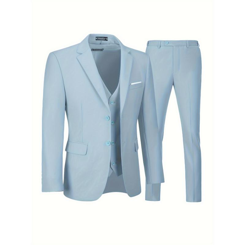 3pcs Set Of Men's Solid Notch Lapel Dress Suit Set, Single Breasted Blazer, Dress Vest And Formal Pants Collar Menswear