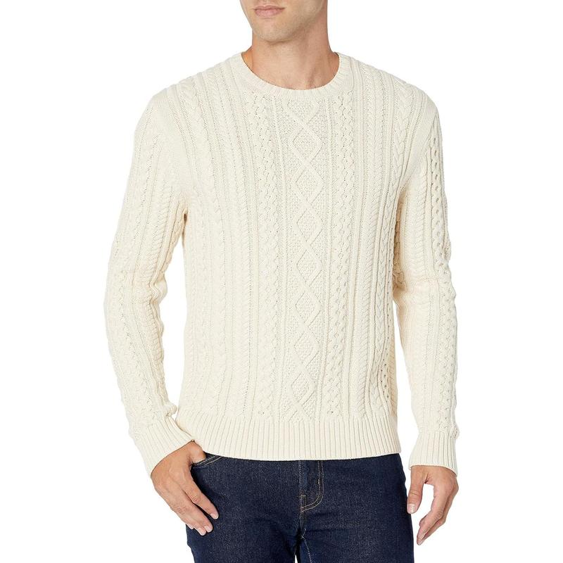 Men's Long-Sleeve 100% Cotton Fisherman Cable Crewneck Sweater