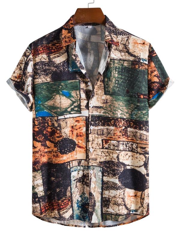 Men's Regular Fit All Over Patchwork Printed Button Front Shirt, Casual Vintage Short Sleeve Collar Shirt for Summer, Fashion Men's Top for Daily Wear