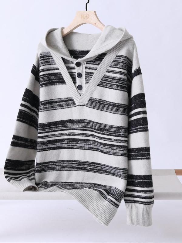 Men's Striped Print Button Front Hooded Sweater with Fake V Neck Design, Regular Fit Casual Long Sleeve Jumper for Fall & Winter, Men's Knitwear for Daily Wear