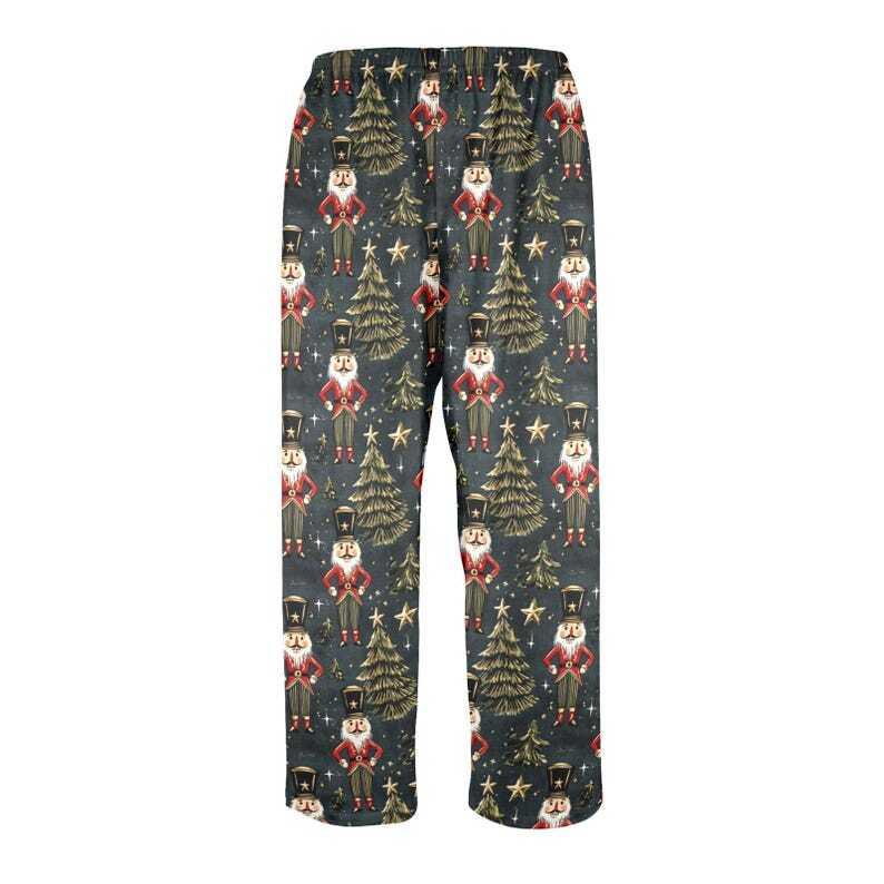 00Nutcracker00 Christmas Men Pajamas Pants, Xmas Trees Green Gold Stars PJ Pockets Sleep Lounge Trousers Guys Male Matching Sleepwear Bottoms