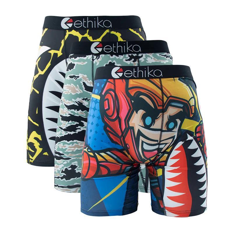 3Pcs ETHIKA Fashion Sexy Men Underwear Boxers Shark Print Man Underpants Sports Panties Lingeries Boxer Briefs Trunks Plus Size