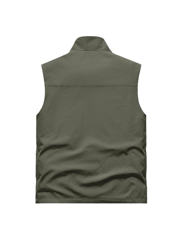 Men's Solid Zip Up Pocket Thermal Lined Sports Vest, Regular Fit Casual Stand Collar Sleeveless Outerwear for Fall & Winter, Men's Sportswear for Outdoor Activities