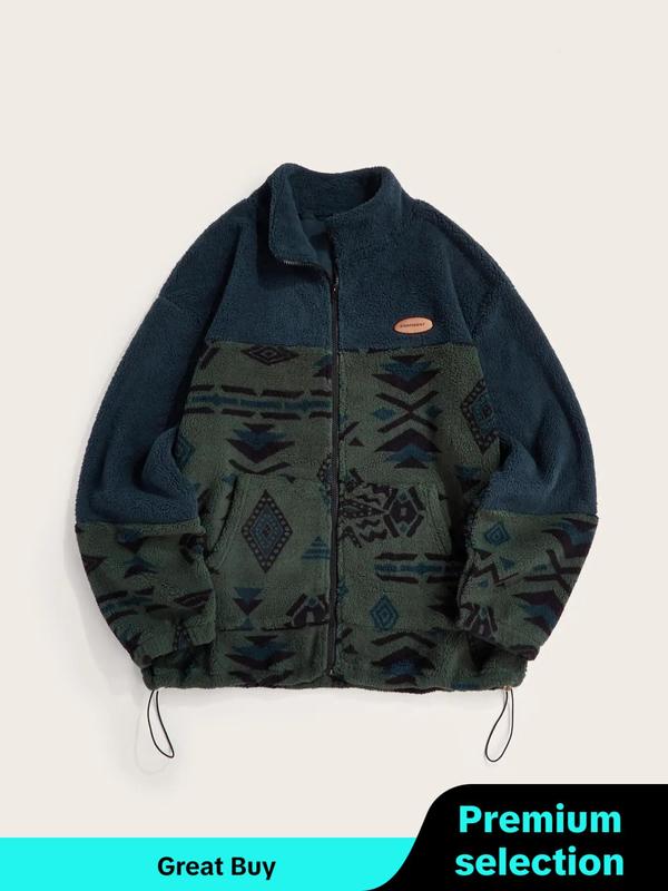 Men's Ethnic Pattern Zip Up Funnel Neck Jacket, Regular Fit Casual Long Sleeve Drawstring Pocket Outerwear for Fall & Winter, Men's Clothes for Daily Wear, Designer Clothing for Men, Jackets for Men Winter Jacket