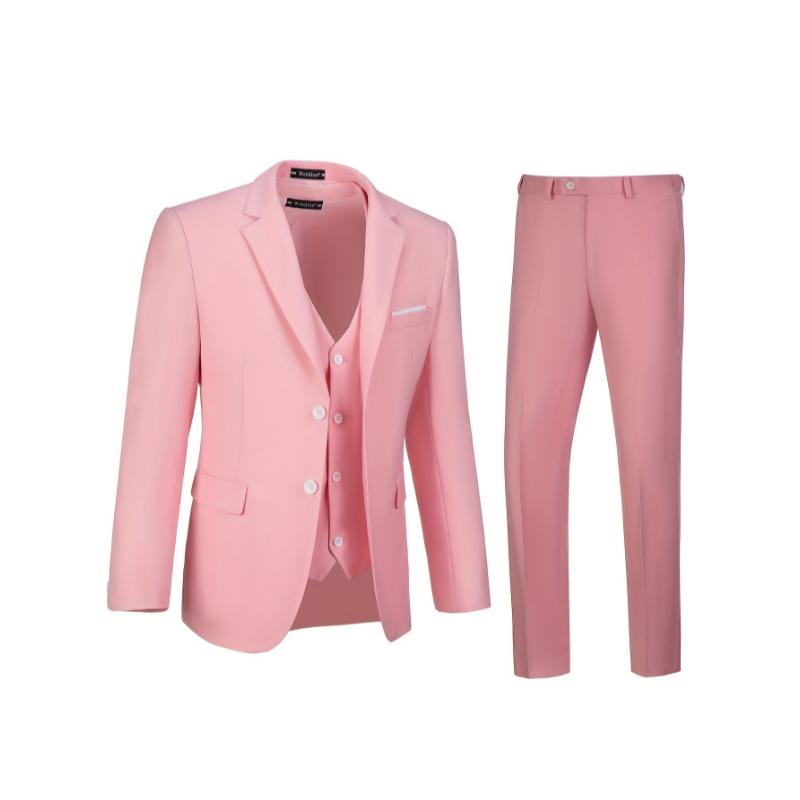 3pcs Set Of Men's Solid Notch Lapel Dress Suit Set, Single Breasted Blazer, Dress Vest And Formal Pants Collar Menswear