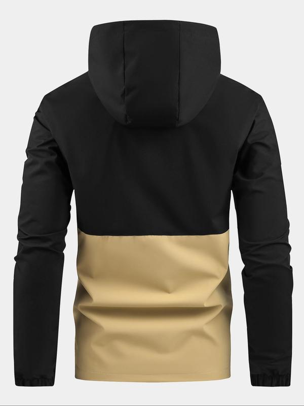 Men's Colorblock Zip Up Drawstring Hooded Designer Jacket Coats, Casual Regular Fit Long Sleeve Zipper Outerwear, Men's Fall Clothing, Back To School Running Clothes, Plz Order A Size Up