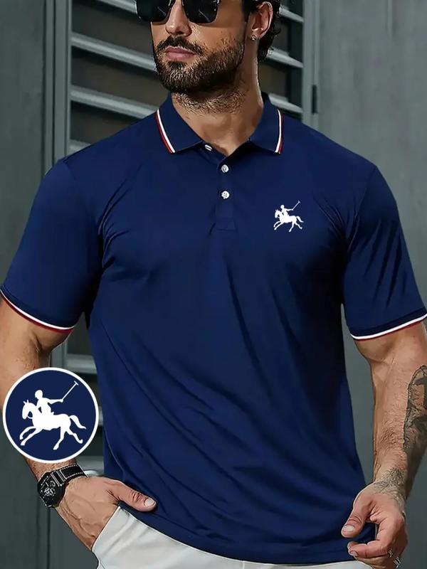 Men's Figure & Animal Print Contrast Binding Polo Shirt, Casual Regular Fit Short Sleeve Button Front Top for Summer, Fashion Men's Clothes for Daily Wear